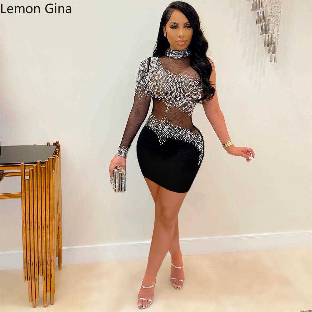 Casual Dresses Lemon Gina Spring Winter Women Diamonds Hot Rhinestones Mesh See Though Patchwork One Long Sleeve Bodycon Open Back Mini Dress Z0216