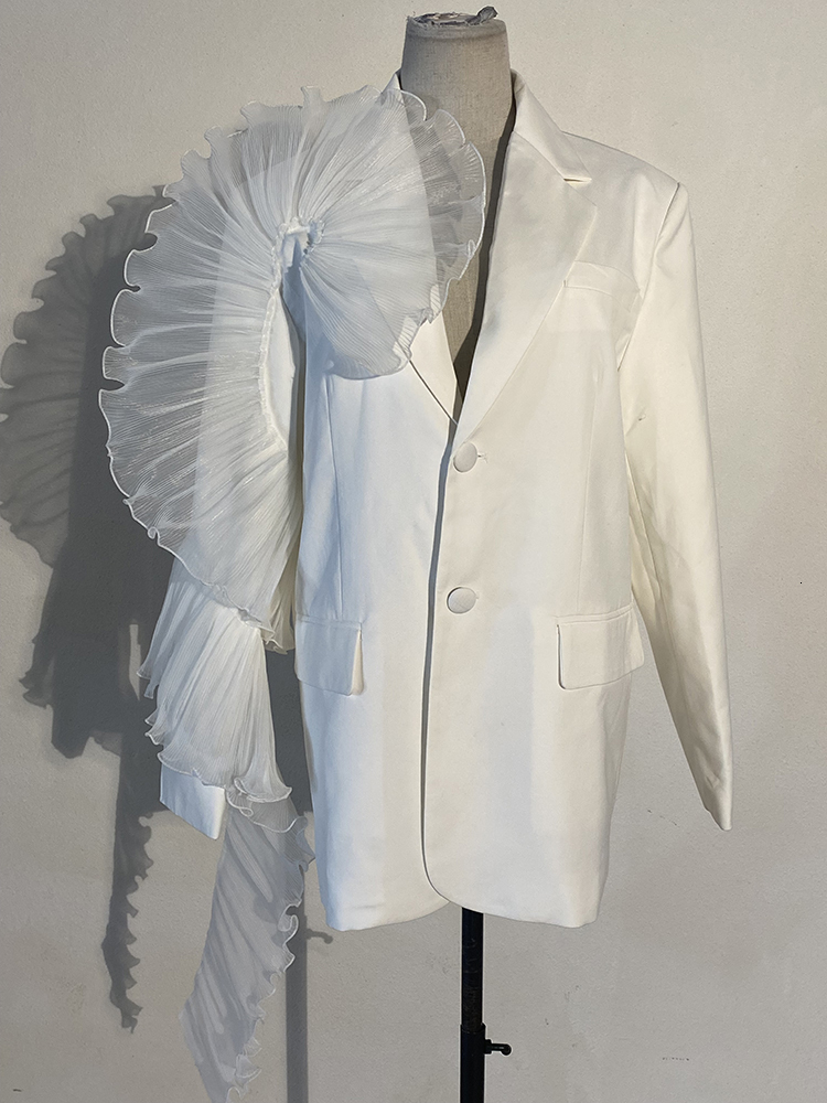 Womens Suits Blazers EAM Women White Ruffles Big Size Blazer Lapel Long Sleeve Loose Fit Jacket Fashion Spring Autumn 1DE3921 230216