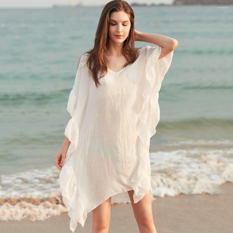Women's Swimwear Beach Cover Up Dress Half Sleeve Ruffle Trim Irregular Hem Batwing Version Sunscreen Summer See-through Thin Dres, White
Women's Swimwear Beach Cover Up Dress Half Sleeve Ruffle Trim Irregular Hem Batwing Version Sunscreen Summer See-through Thin Dres, White