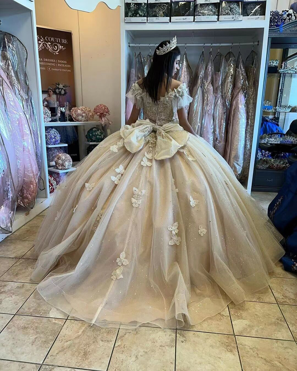 Princess Champagne Quinceanera Dresses 2024 Fluffy Ball Gown Prom Dress Butterfly Sweet 15 Birthday Dress Vestidos De XV Anos Luxury Corset Bow Party 