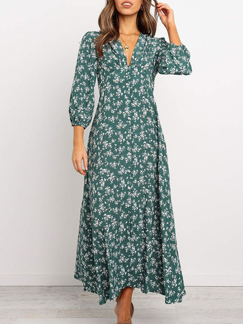 Casual Dresses Women Summer Elegant Floral Print Maxi Boho Three Quarter Sleeve V Neck Office Long Beach Robe Tunic 230217
