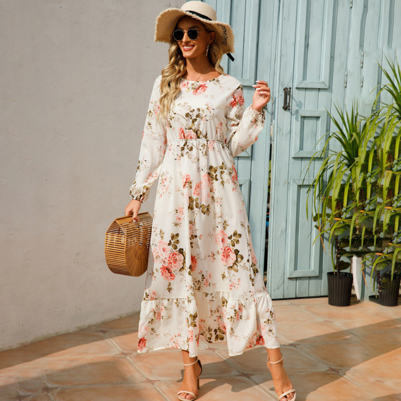 Casual Dresses High Waist Elegant Maxi For Women Floral Long Sleeve Boho Party Beach Female Robe Chic Fashion 230217