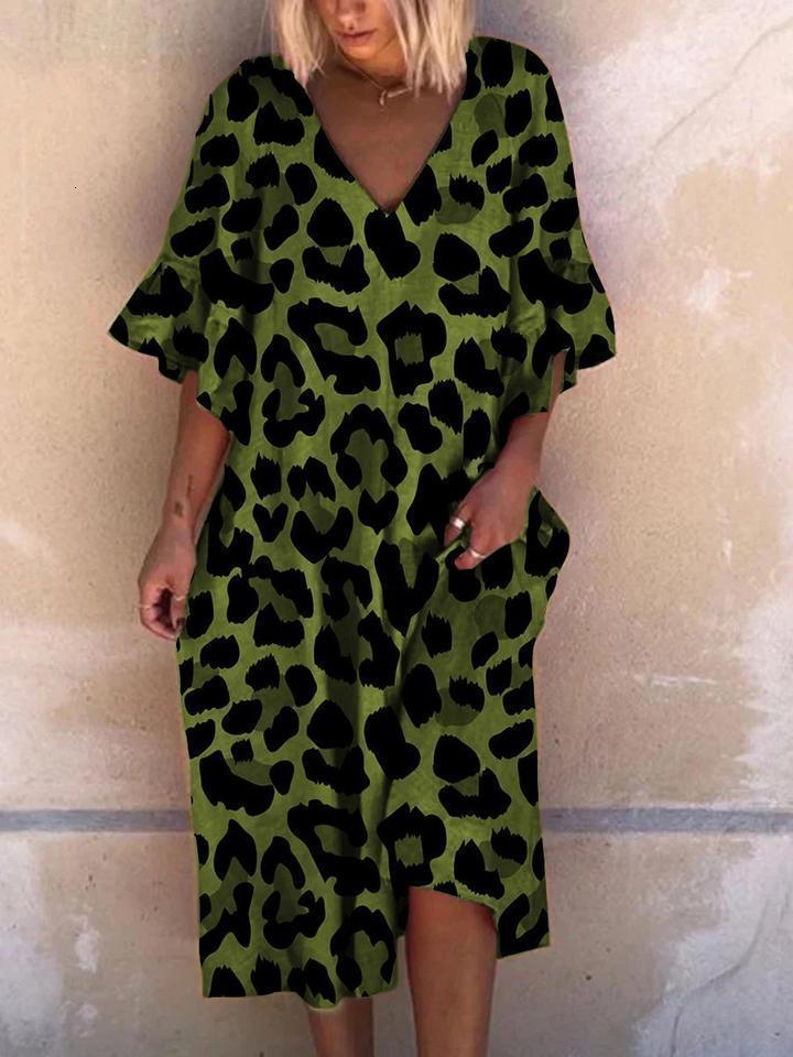 Casual Dresses Summer Fashion Women Loose Boho Elegant Dress Large Big Party Ruffle Sleeve Leopard Print 230217