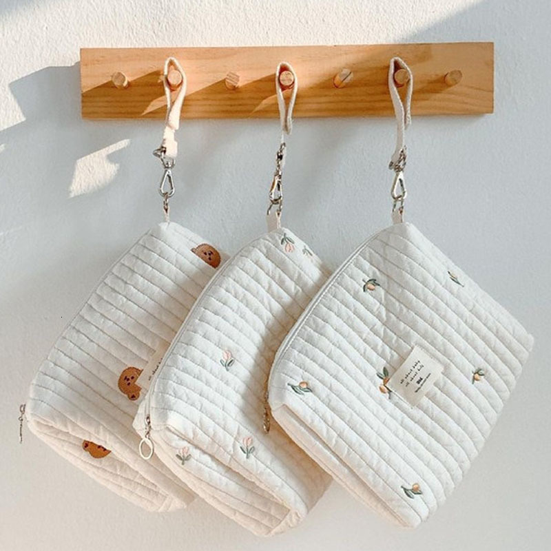 Diaper Bags Cute Bear Embroidery Mommy Single Cotton Mom Organizer Zipper born Baby Diaper Nappy Travel Stroller Storage 230217