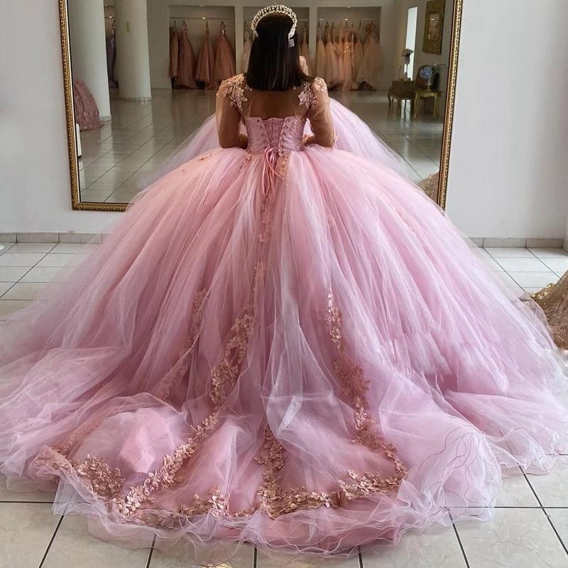Princess Pink Fluffy Quinceanera Dresses With Flowers Long Sleeve Ball Gown Vestido De 15 Anos Quinceanera 2023 Sweet 15 Party Dress Beaded Lace Birth