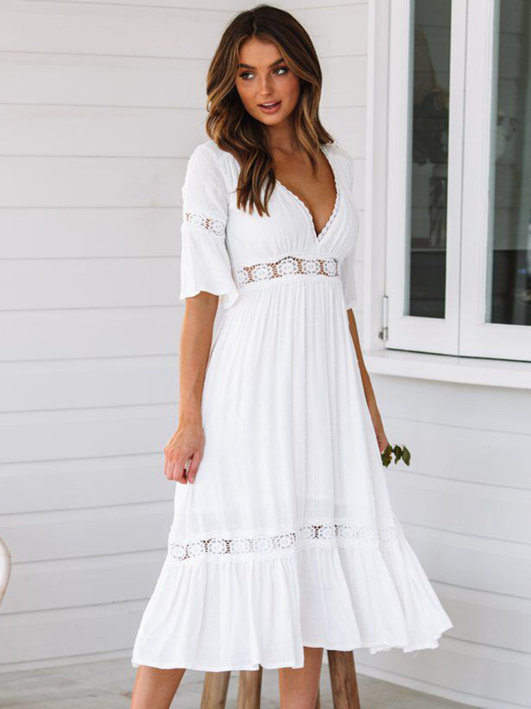 Casual Dresses Summer White Long Women Boho Hollow Out Patchwork Short Sleeve V-neck Loose Fashion Elegant Woman 230217
