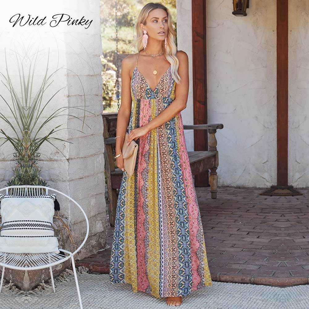 Casual Dresses WildPinky Long Women Print Boho Female V-neck Summer Spaghetti Strap Ladies Beach Vestidos 230217