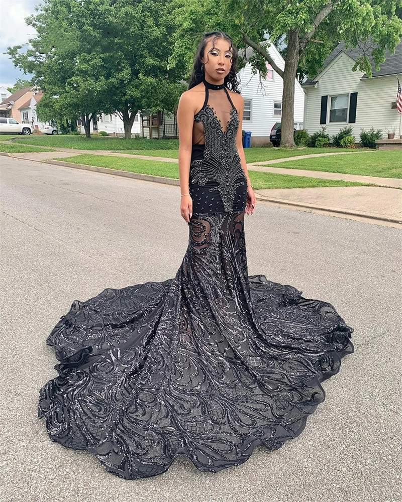 Sparkly Sequins Mermaid Prom Dresses Halter Crystal Beading Birthday Party Evening Reception Dress Robe De Bal Court Train