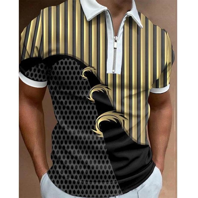 Men's Polos Summer Men's Clothes Polo Shirts Casual Turn-Down Collar Zipper Team Club Stripe Print Short Sleeve Tee Shirt Men Polos Tops 230
