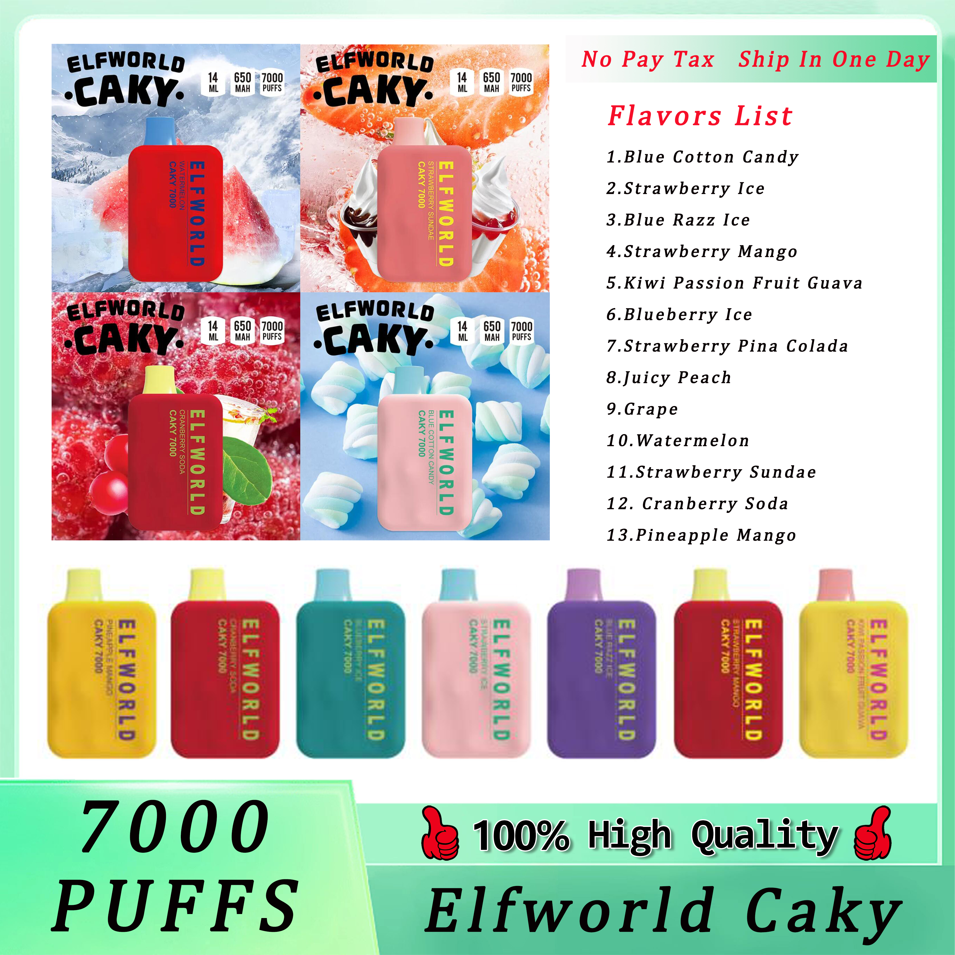 ELF WORLD Caky 7000 Puffs Electronic Cigarette Vape Pen Disposables 14ml With 650mah Rechargeable Battery Type C Mesh Coil 13 Flavors Available
ELF WORLD Caky 7000 Puffs Electronic Cigarette Vape Pen Disposables 14ml With 650mah Rechargeable Battery Type C Mesh Coil 13 Flavors Available