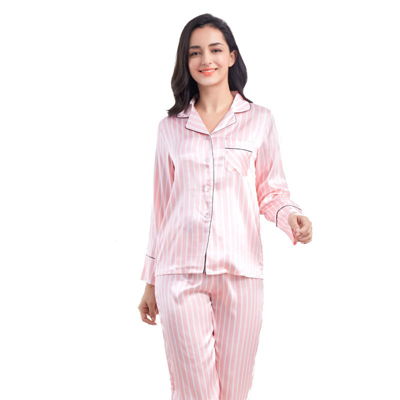 Women's Sexy Stripes Pajamas Autumn and Winter Pajama Set Satin Home Night Wear Casual Clothes Silk Cardigan Long Sleeve Pjs 220108
