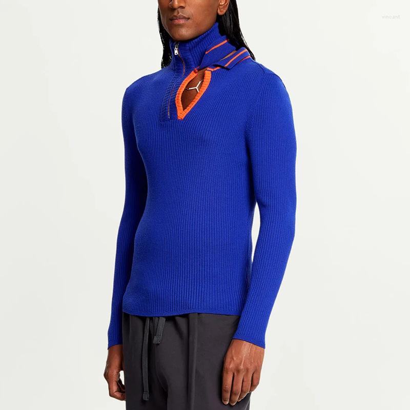 Men' Sweaters Autumn Fashion High Collar Zip Jumper Men Knitting Party Sexy Hollow Knit Pullover Tee Show Style Colour Patchwork Sweater, 01 blue
Men' Sweaters Autumn Fashion High Collar Zip Jumper Men Knitting Party Sexy Hollow Knit Pullover Tee Show Style Colour Patchwork Sweater, 01 blue