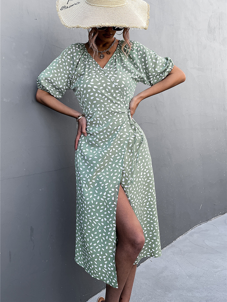 Casual Dresses Women Chiffon V Neck Side Wrap Midi Summer Polka Dot Female Puff Sleeve Boho Fashion A-line Split 230217