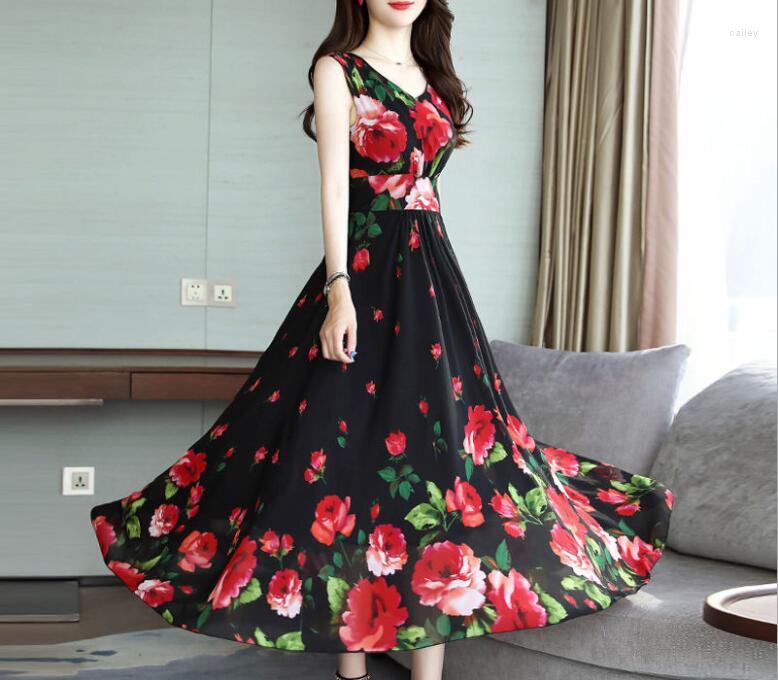 Casual Dresses High Quality Bohemian Style Summer Arrival V Collar Sleeveless Collect Waist Flower Printed Woman Chiffon Long Dress, Black
Casual Dresses High Quality Bohemian Style Summer Arrival V Collar Sleeveless Collect Waist Flower Printed Woman Chiffon Long Dress, Black