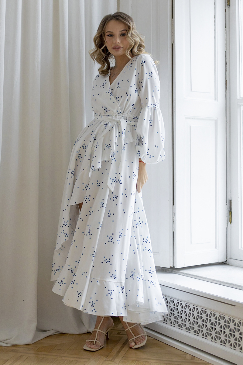 Casual Dresses Elegant Vintage Summer Bandage White Chiffon Blue Polka Dot Long Sleeve Sexy Slit Boho Beach Maxi For Women 230217