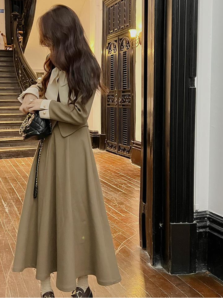 Two Piece Dress Autumn Vintage Set Women Japanese Elegant Bow Midi Skirt Female Casual Korean Fashion Long Party Suit 230216