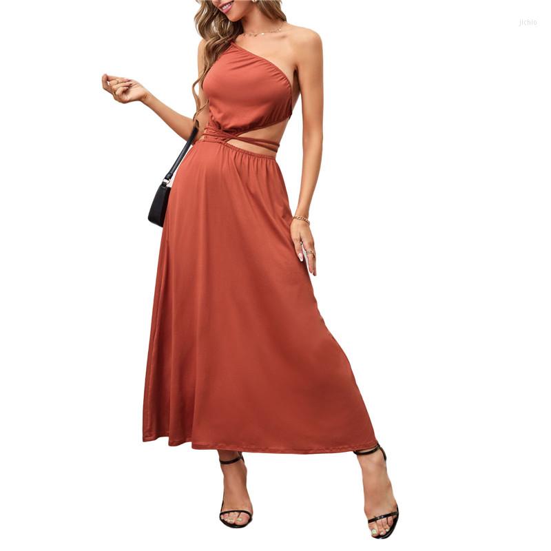 Casual Dresses Women A-line Dress Sexy Low Cut Elastic Waist Out Backless Sleeveless Solid Color Ankle Long Elegant Party