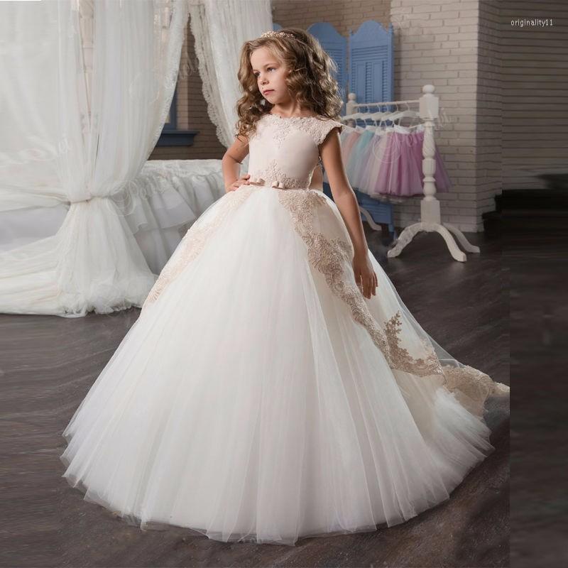 Girl Dresses Lace Appliques Flower Ball With Bow Kids Evening Gown First Communion, White
Girl Dresses Lace Appliques Flower Ball With Bow Kids Evening Gown First Communion, White