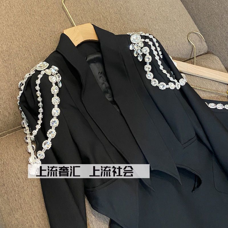 Two Piece Dress Diamond Chain Irregular Jacket OL Turn Down Collar Blazer Coat Crystal Tops Beads Package Skirt Woman Suit 2pcs Set 230216