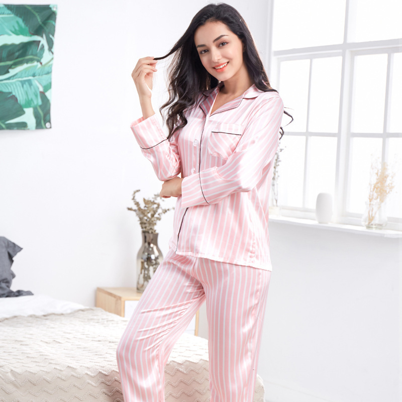 Women's Sexy Stripes Pajamas Autumn and Winter Pajama Set Satin Home Night Wear Casual Clothes Silk Cardigan Long Sleeve Pjs 220108