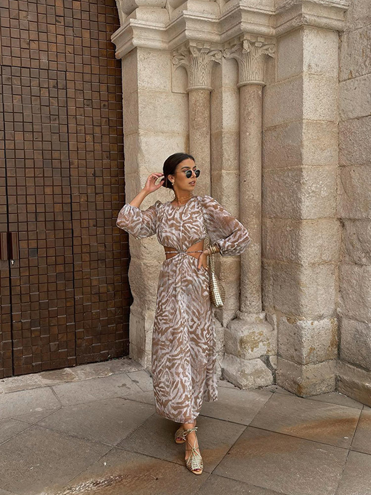 Casual Dresses Elegant Print Backless Women Spring Boho Long Sleeve Floral Hollow Out Loose Beach Vacation Lady 230217