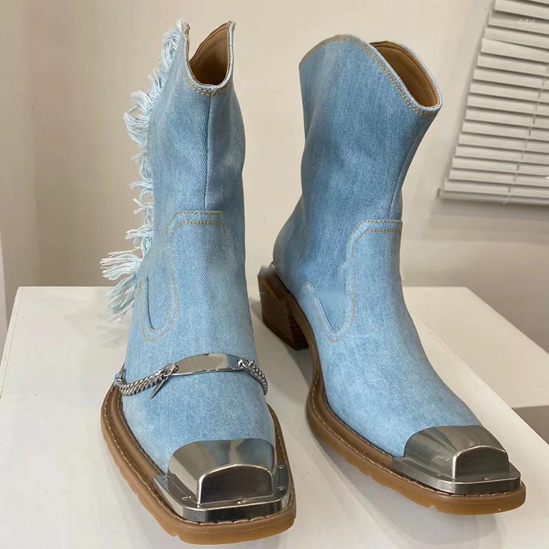 Boots Metal Decoration Cowboy Blue Square Toe Block Heel Chain Punk Women Western Ankle Sapatos Femininos Zapatos, Picture shown
Boots Metal Decoration Cowboy Blue Square Toe Block Heel Chain Punk Women Western Ankle Sapatos Femininos Zapatos, Picture shown