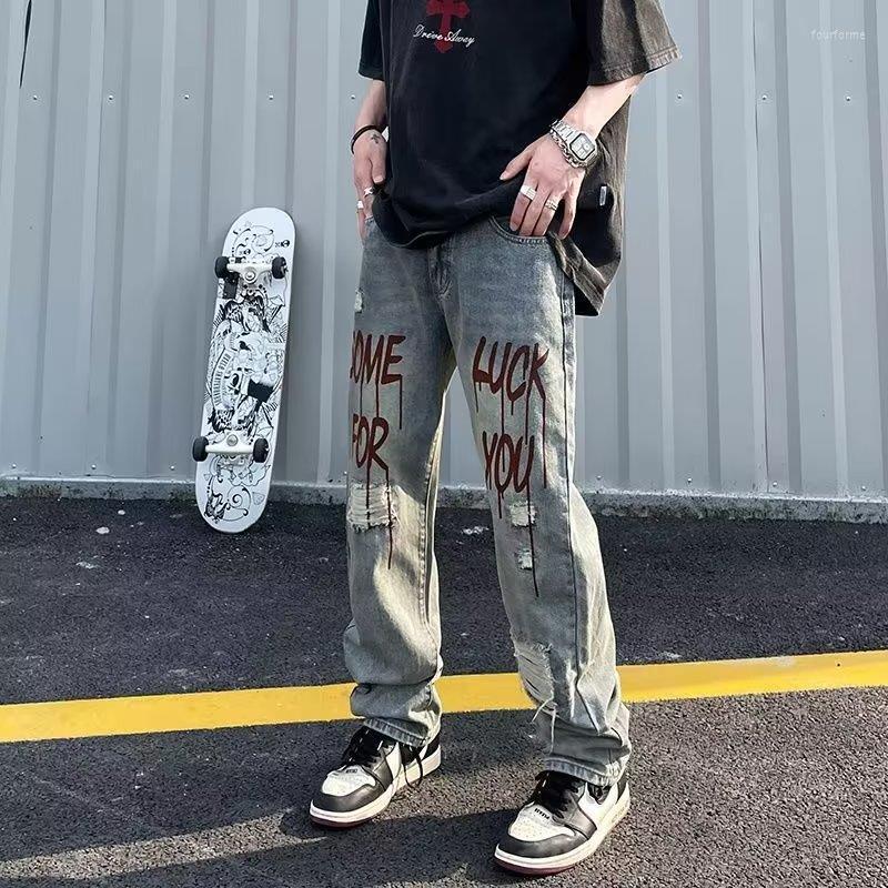Men' Jeans DEEPTOWN Ripped Motorcycle For Men Streetwear Denim Trousers Male Loose Casual Punk Printing Men' Youth Straight Hip Hop, Blue
Men' Jeans DEEPTOWN Ripped Motorcycle For Men Streetwear Denim Trousers Male Loose Casual Punk Printing Men' Youth Straight Hip Hop, Blue