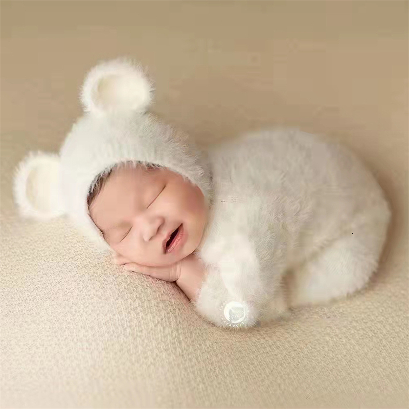 Clothing Sets Furry Baby Bear Rompers Footed Jumpsuit Hat 2pcs Sets Mink Hair Infant Boy Girl Pography Clothing Costumes Po Props 230217