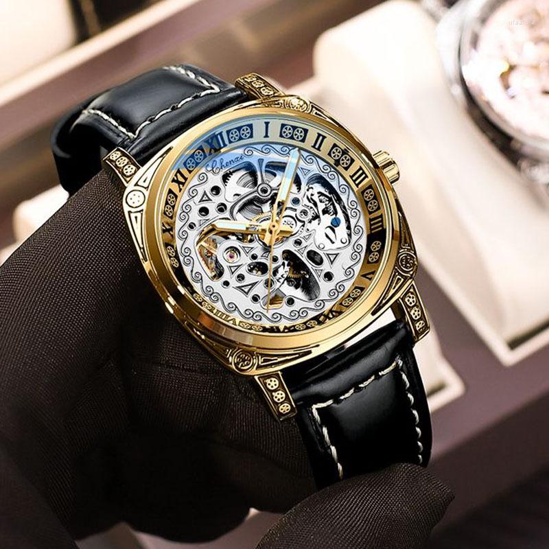 Wristwatches CHENXI Fashion Vintage Men's Watches Men Skeleton Leather Band Automatic Winding Mechanical Reloj Hombre, Gold
Wristwatches CHENXI Fashion Vintage Men's Watches Men Skeleton Leather Band Automatic Winding Mechanical Reloj Hombre, Gold
