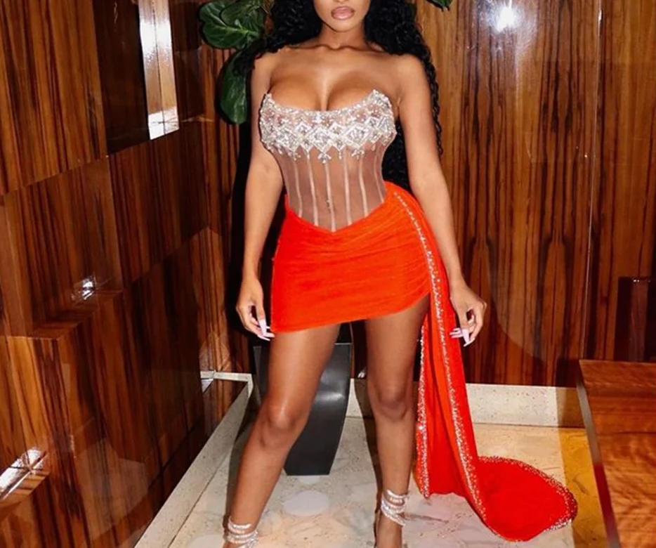 Sexy Short Black Girls Prom Dress 2023 With Train Black Orange Velvet Beaded Cocktail Party Evening Dress Chic Night Formal Special Occasion vestidos 