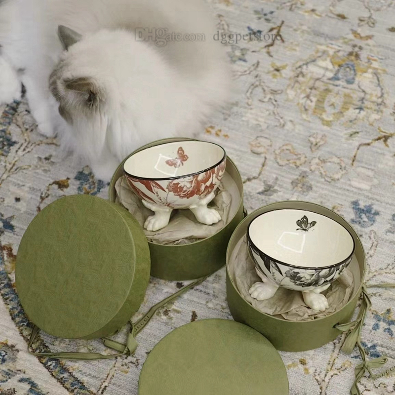 Designer Cat Bowls,Raised Dog Food and Water Bowl set,Porcelain Pet Dish with Stand,Stress Free, Backflow Prevention, Dishwasher and Microwave Safe He