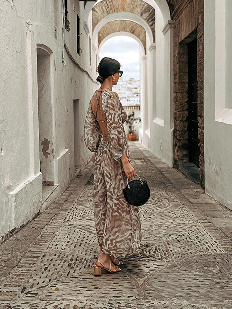 Casual Dresses Elegant Print Backless Women Spring Boho Long Sleeve Floral Hollow Out Loose Beach Vacation Lady 230217