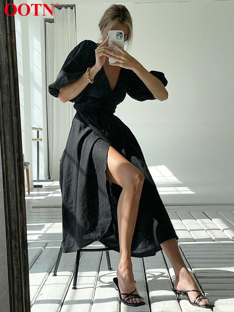 Casual Dresses OOTN V Neck Slim Long Wrap Women Elegant Short Puff Sleeve A-Lin Black Robe High Waist Sexy Midi Chic 230217