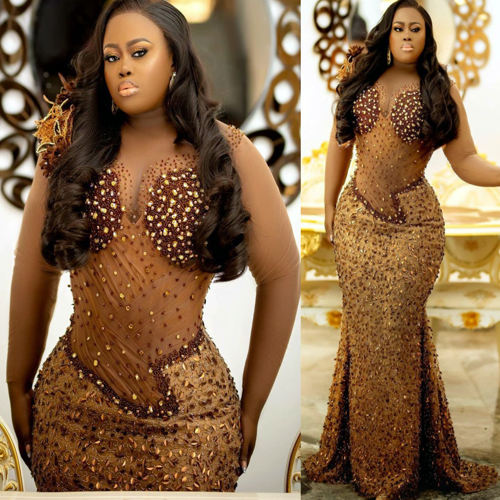 Aso Arabic Ebi Brown Mermaid Prom Dresses Beaded Crystals Urious Evening Formal Party Second Reception Birthday Engagement Gowns Dress ZJ 6660306