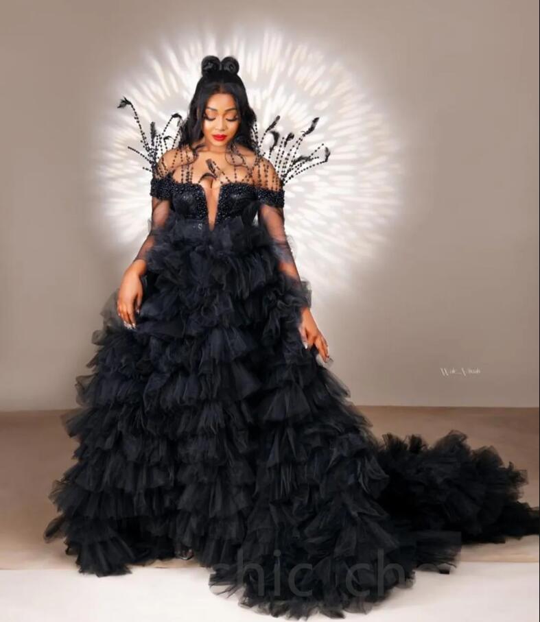 Arabic Aso Ebi Black Prom Dresses Sexy Off Shoulder Illusion Long Sleeve Beaded Feather Tiers Ruffels Evening Gown Photograph, Lilac
Arabic Aso Ebi Black Prom Dresses Sexy Off Shoulder Illusion Long Sleeve Beaded Feather Tiers Ruffels Evening Gown Photograph, Lilac