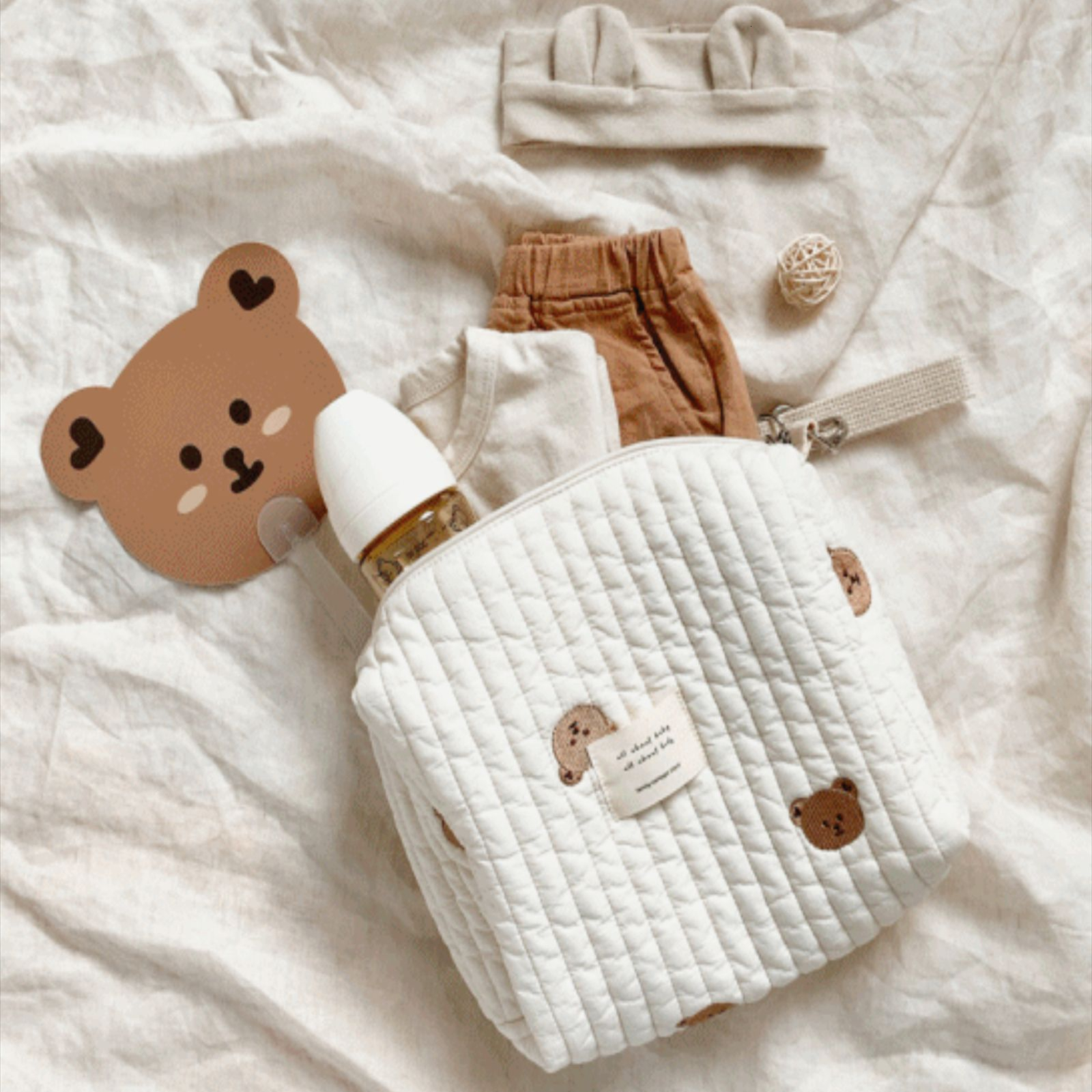 Diaper Bags Cute Bear Embroidery Mommy Single Cotton Mom Organizer Zipper born Baby Diaper Nappy Travel Stroller Storage 230217