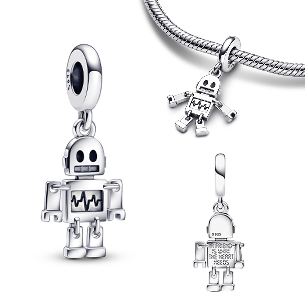 Real 925 Sterling Silvercute Woman Charms For Love Heart Beads Robot Amulet Charm Bracelet Bangles Necklace Charm