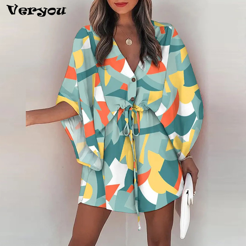 Casual Dresses Boho Beach Vacation Mini Dress Women Summer Print Lace Up Button Batwing Sleeve For Women's Loose Female Robe 230217