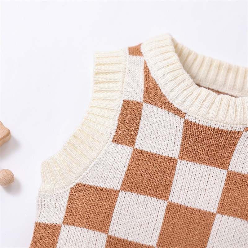 Clothing Sets born Baby Boys Girls Two Pieces Clothes Outfits O-neck Sleeveless Checkerboard Printed Knitted Swater Vest Tie-Up Shorts 230217