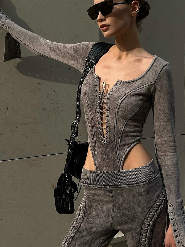 Women's Jumpsuits Rompers Goth Dark Cyber Gothic Techwear Bandage Women Bodysuits Y2k Punk Eyelet Long Sleeve Skinny Tshirts Vintage Patchwork St
