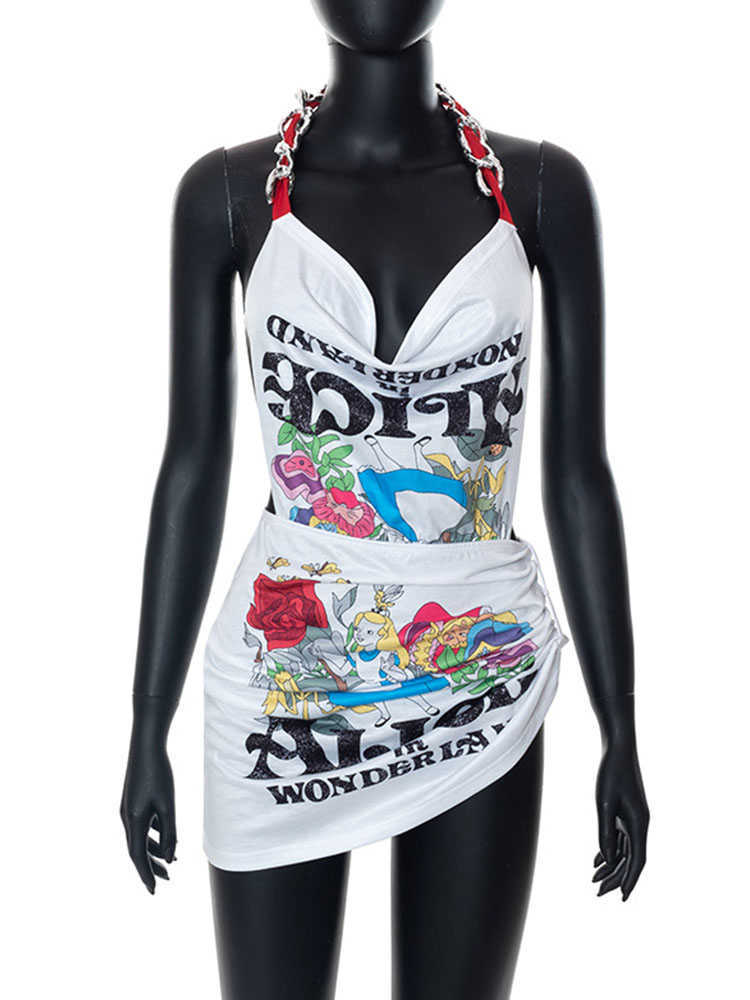 Casual Dresses Simenual Cartoon Print Dresses for Women 2022 Summer Chain Halterneck Ruched Elegant Sundress Going Out Streetwear Jurk Female Z0216