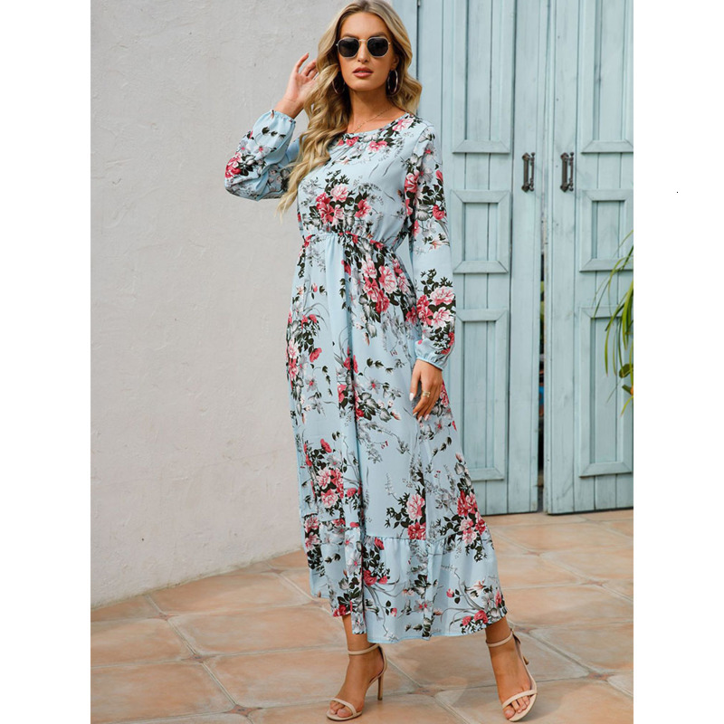Casual Dresses High Waist Elegant Maxi For Women Floral Long Sleeve Boho Party Beach Female Robe Chic Fashion 230217