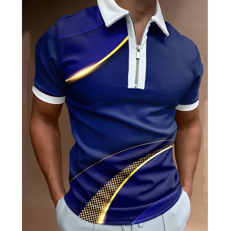 Men's Polos Summer Men's Clothes Polo Shirts Casual Turn-Down Collar Zipper Team Club Stripe Print Short Sleeve Tee Shirt Men Polos Tops 230