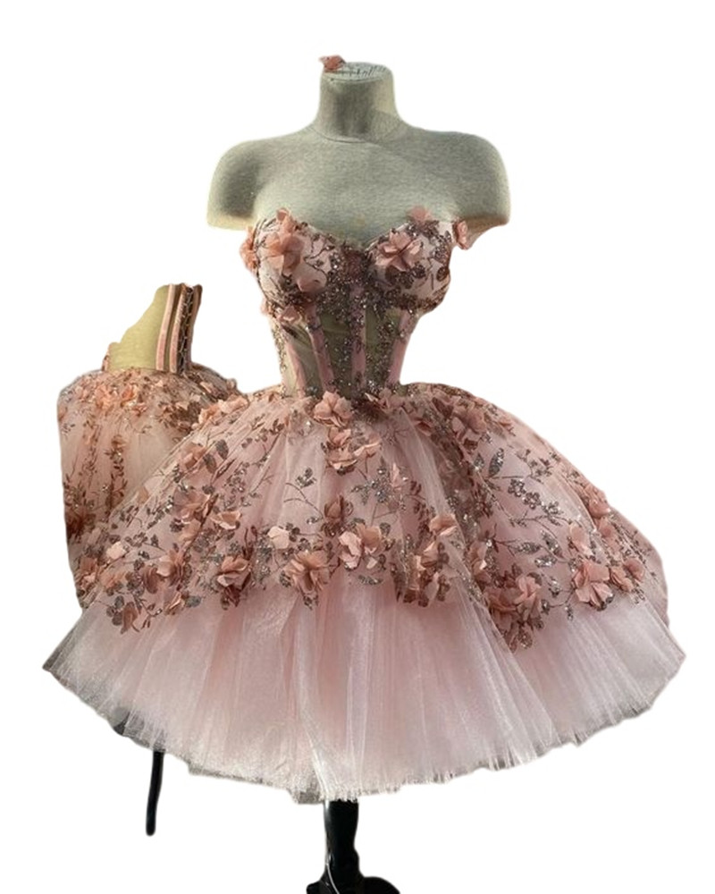 Sky Blue Princess Short evening Dresses Sweetheart 3D Floral Embroidery Lace-up Corset Puffy prom Homecoming Dress obes de soire