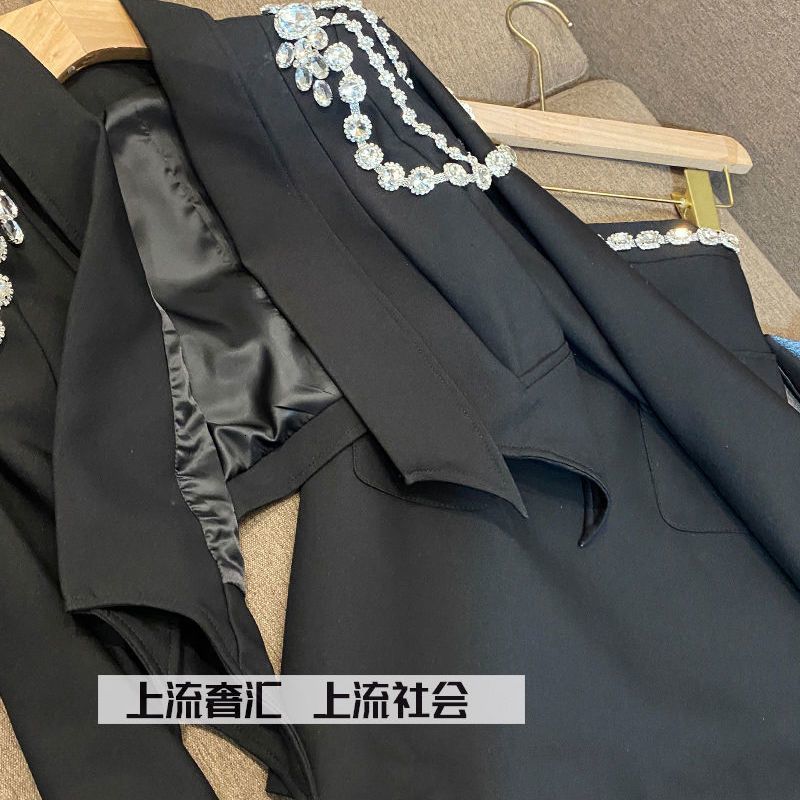 Two Piece Dress Diamond Chain Irregular Jacket OL Turn Down Collar Blazer Coat Crystal Tops Beads Package Skirt Woman Suit 2pcs Set 230216