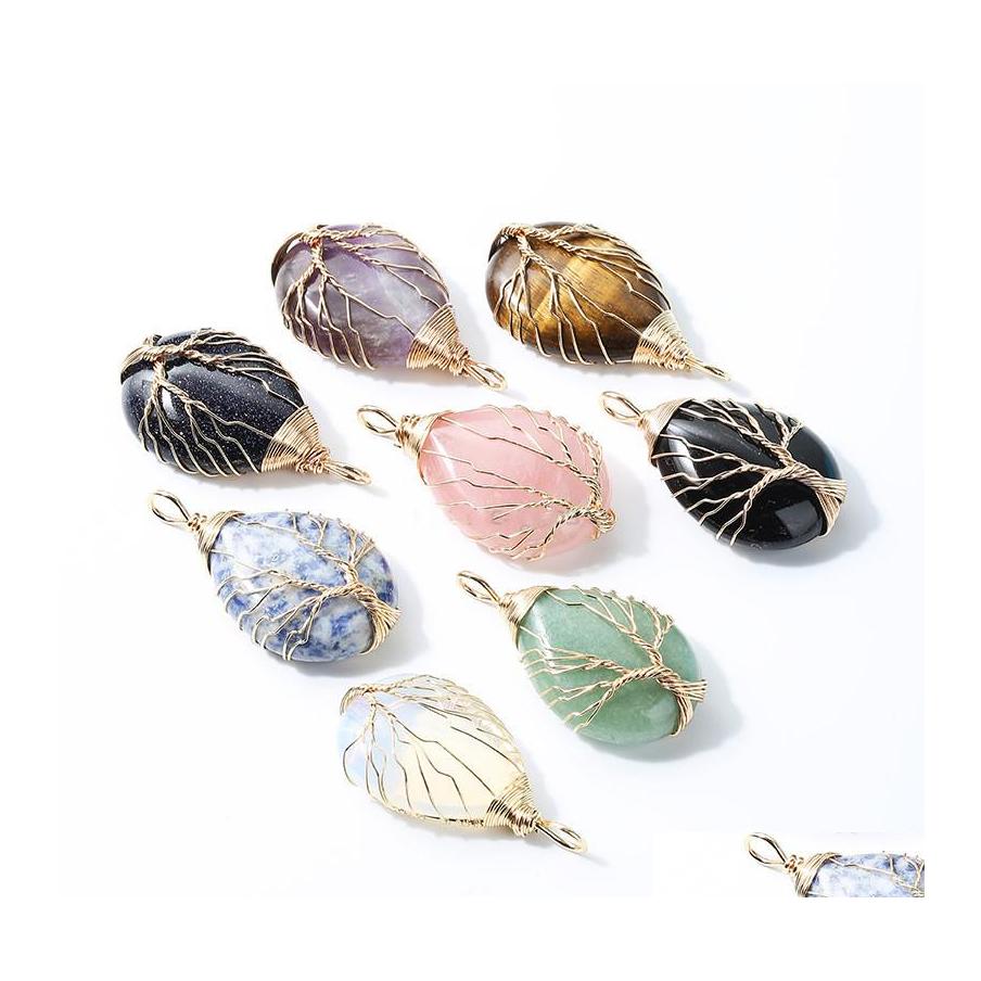 Charms Healing Crystal Natural Stone Waterdrop Twine Tree Of Life Gold Wire Wrap Pendant Turquoise Amethyst Tiger Eye Rose Quar Spor Dhgxb
Charms Healing Crystal Natural Stone Waterdrop Twine Tree Of Life Gold Wire Wrap Pendant Turquoise Amethyst Tiger Eye Rose Quar Spor Dhgxb