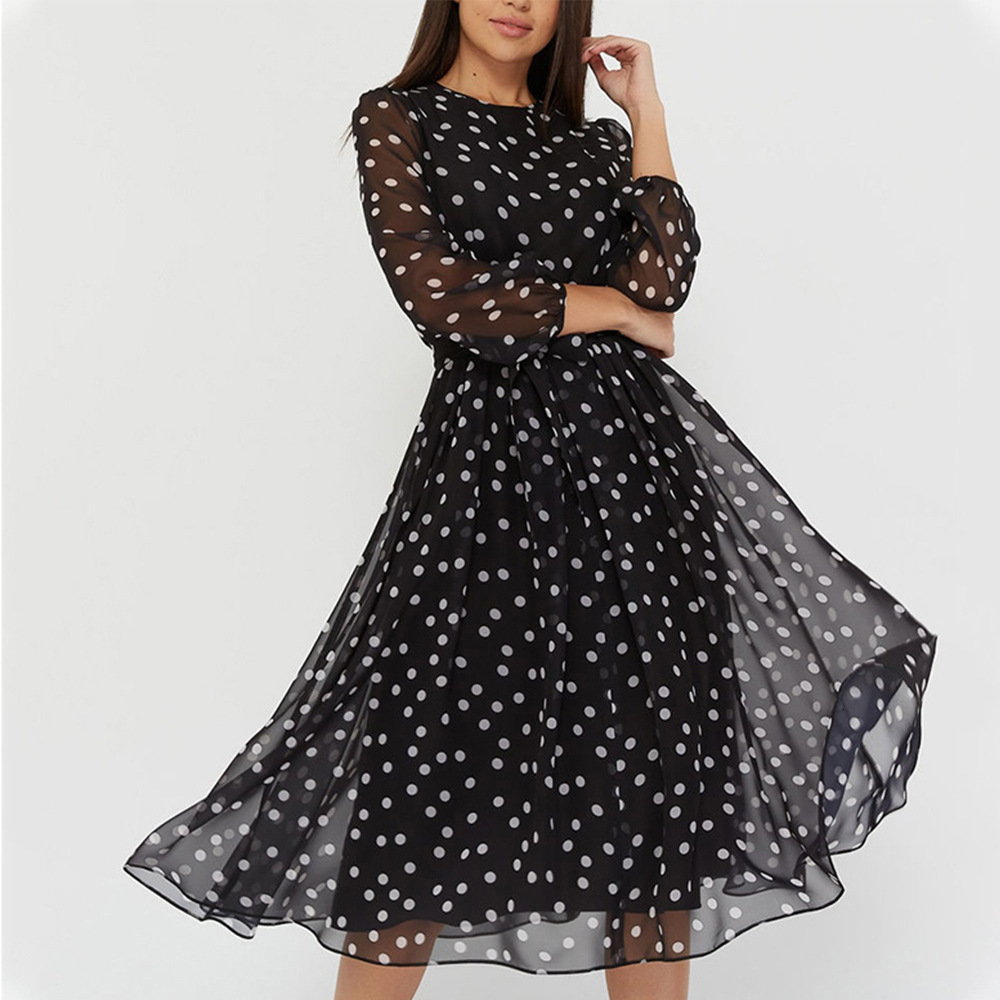 Casual Dresses Shyloli Elegant Dot Print Long Sleeve Women Boho O-neck Chiffon A-line Dress Vintage Party Vestidos 230217