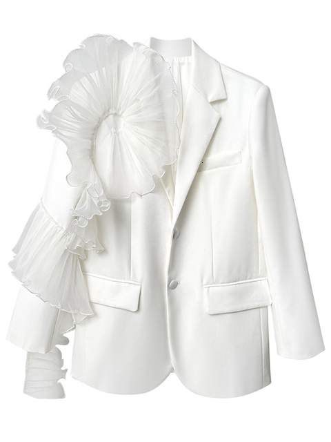 Womens Suits Blazers EAM Women White Ruffles Big Size Blazer Lapel Long Sleeve Loose Fit Jacket Fashion Spring Autumn 1DE3921 230216