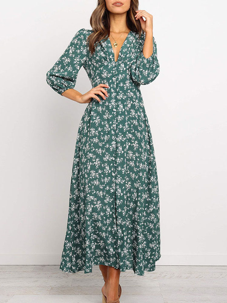 Casual Dresses Women Summer Elegant Floral Print Maxi Boho Three Quarter Sleeve V Neck Office Long Beach Robe Tunic 230217