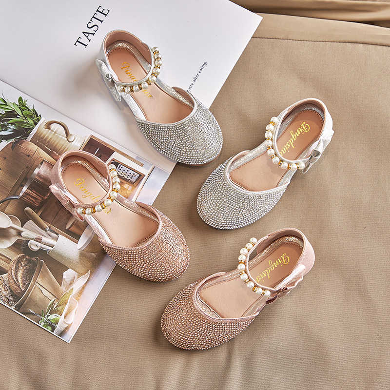 Sandals Girls Princess Sandals Children's Pearl Bow Rhinestone Flats Shoes Little Children Sweet Soft Non-slip Kids Shoes E954 W0217